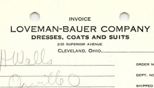 1938 LOVEMAN-BAUER CO. CLEVELAND OH DRESSES COATS SUITS BILLHEAD INVOICE Z1191