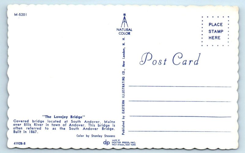 SOUTH ANDOVER, Maine ME ~ LOVEJOY COVERED BRIDGE ca 1950s-60s Postcard