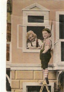 Boymets girl at the windowlNice old viontage postcard