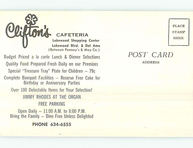 Unused Pre-1980 CLIFTON'S CAFETERIA RESTAURANT Lakewood California CA p6313-22