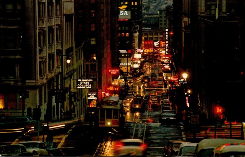 California San Francisco Cable Cars Climbing Powel Street At Twilight