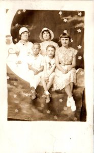 1920s Ladies and Children Sitting in Crescent Moon Studio Real Photo Postcard