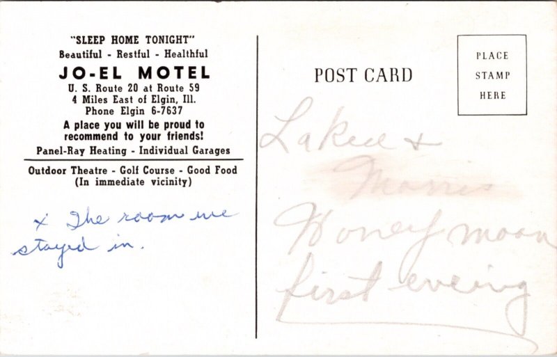 Postcard Jo-el Motel US Route 20 at Route 59 in Elgin, Illinois