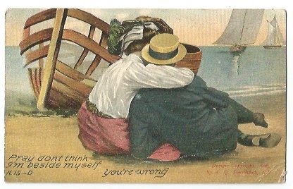 Antique Postcard Couple On Beach Sailboats in background Forlorn Love 1908