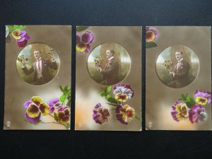 3 x French Romance PANSY / PANSIES - Old RP Postcards by P.G. of Paris