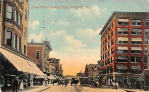 STATE STREET EAST ROCKFORD ILLINOIS TROLLEY & SIGNAGE POSTCARD 1911