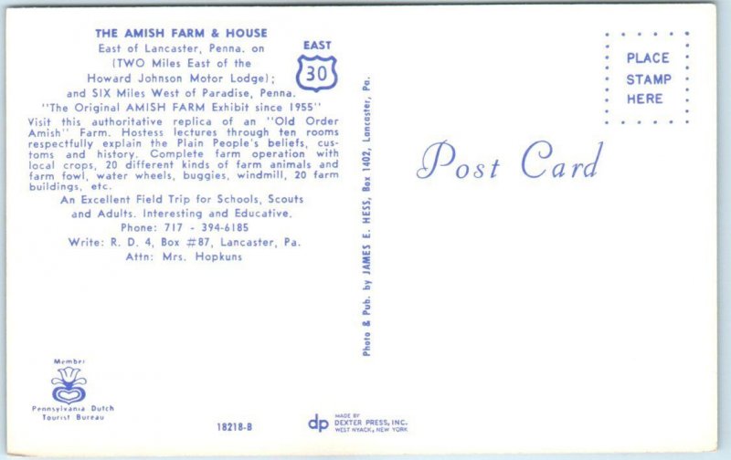 Postcard - The Amish Farm & House, East of Lancaster, Pennsylvania, USA