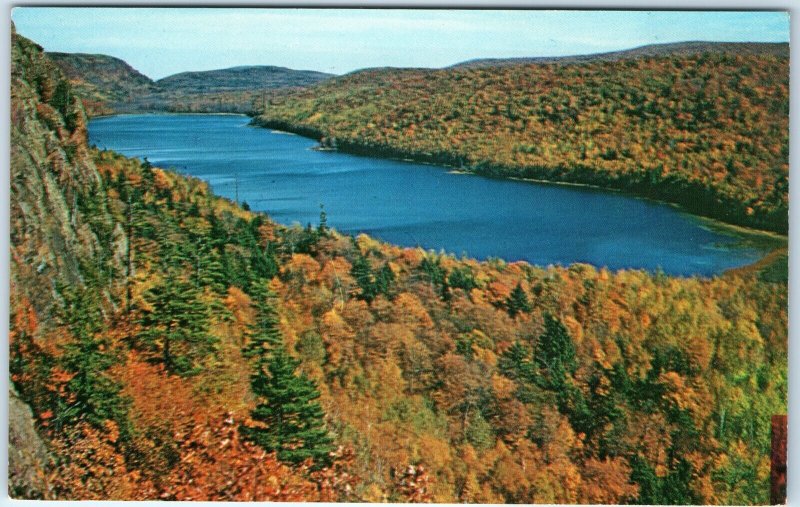 c1950s Ontonagon, MI Birds Eye Lake Clouds Huron Mountains Photo Chrome PC A315