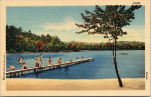 postcard kids at beach on dock pier Curt Teich Lake Shore Scenes S-1047 7B-H107