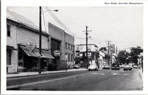 Main Street, Annville PA Mobil Gas, Rexall Vintage Postcard P52