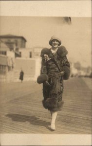 Woman on Boardwalk Elaborate Fur Coat Atlantic City NJ 1926 RPPC Postcard