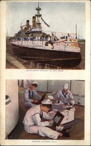 US Navy Battleship Indiana & Sailors Writing Letters c1910 Postcard