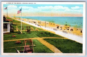 1920's VIRGINIA BEACH VA BOARDWALK AMERICAN FLAGS SWINGS OCEANFRONT POSTCARD