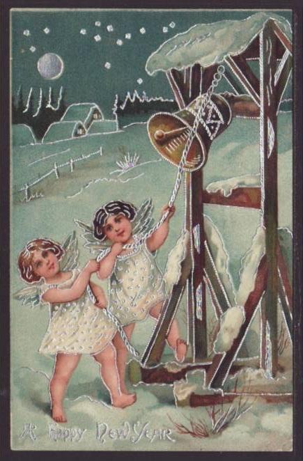 A Happy New Year,Angels Ringing Bells Postcard 