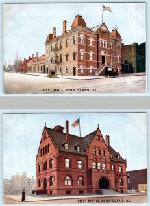 2 Postcards ROCK ISLAND, ILLINOIS ~ CITY HALL & Post Office ca 1910s