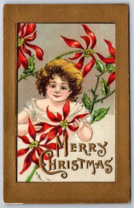 HBG Griggs Christmas~Pretty Girl In Midst Of Poinsettia Flowers~Gold Border~Emb
