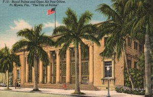 Vintage Postcard 1930's Royal Palms & Open Air Post Office Ft. Myers City Palms