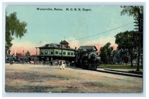 c1910's Waterville Maine ME, M. C. R. R. Railroad Depot Train Station Postcard