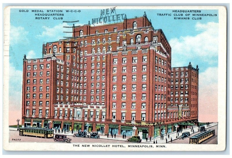 1933 The Nicollet Hotel Exterior Roadside Minneapolis Minnesota MN Cars Postcard