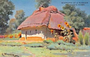 SCENERIE OF RUSSIAN PEASANT'S HOME-ARTIST SIGNED 1910s POSTCARD