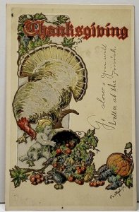 Thanksgiving Greeting Gold Gilded Turkey Cherub 1906 Embossed Postcard A4