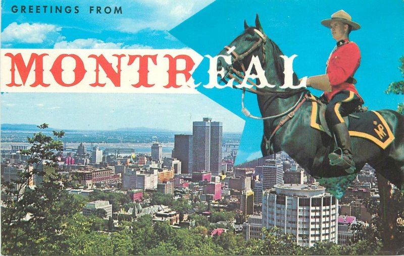 Canada Souvenir Postcard Montreal panorama Royal Canadian Mounted police officer