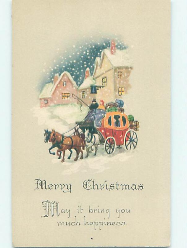 Pre-Linen christmas HORSE-DRAWN STAGECOACH IN SNOWY VILLAGE HQ7142