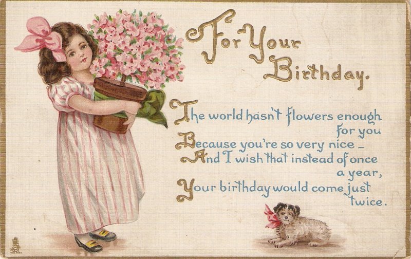 Pretty litle girl with flowerpot. Dog Tuck Birthday Children Ser. PC # 193