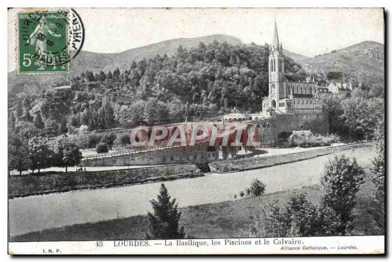 Old Postcard Lourdes Basilica The Pools And Calvary