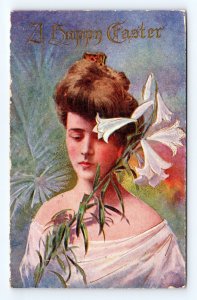 Art Nouveau Woman w Lilies Flowers Happy Easter UNP Unused DB Postcard O5