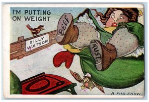 Fat Woman Postcard I'm Putting On Weight A Big Show Birds Billy Watson c1910's