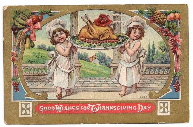 Children Chefs Carry Turkey Embossed Gold Thanksgiving Postcard Vintage 1912