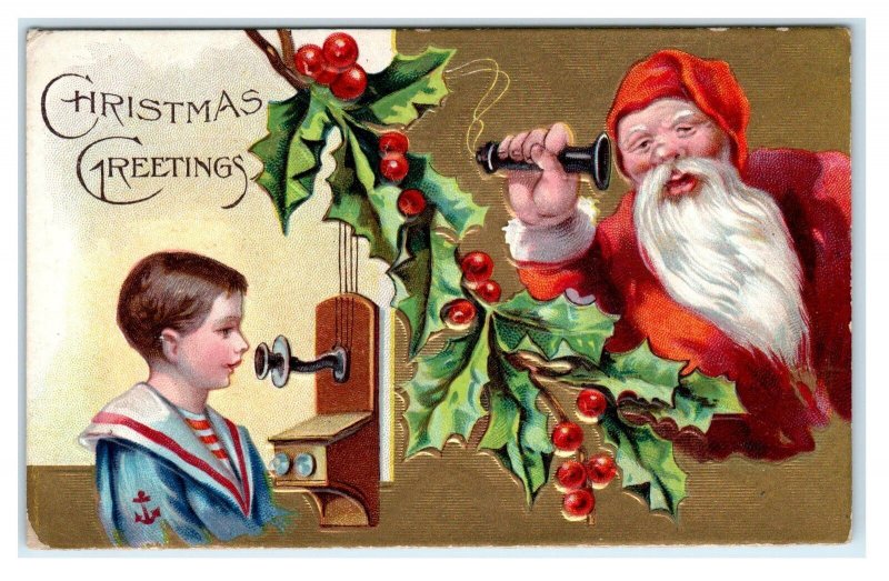CHRISTMAS GREETING~ BOY on OAK WALL PHONE w/SANTA Holly c1910s Embossed Postcard 