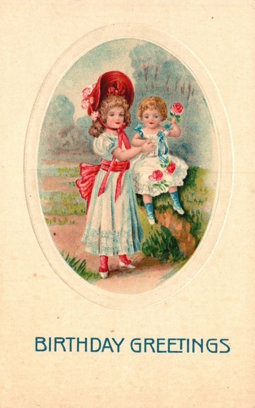 Vintage Postcard 1910's Happy Birthday Greetings Card Little Dutch Girls Flowers