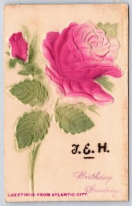 Embossed Silk Pink Rose Birthday Greetings From Atlantic City NJ Postcard