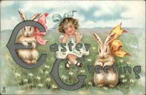 Tuck Easter Frolic Little Girl with Bunny Rabbits c1910 Postcard