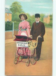 Bamforth Comic COUPLE WALKING WITH ANTIQUE BABY CARRIAGE AB9630