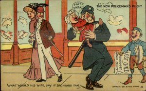 Annoyed Cop Police Officer Holding Screaming Baby c1910 Postcard