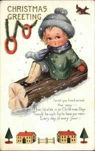 Whitney Christmas Cute Kids Child Sledding on Log c1910 Vintage Postcard