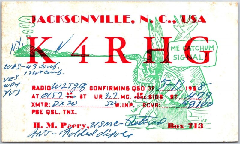 1958 QSL Radio Card Code K4RHG Jacksonville NC Amateur Station Posted Postcard
