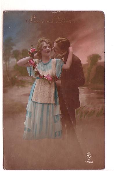 Tinted, Couple with Rose, Sainte Catherine, Vintage Romantic Postcard