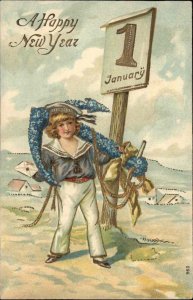 New Year Little Boy Sailor with Flower Anchor c1910 Vintage Postcard