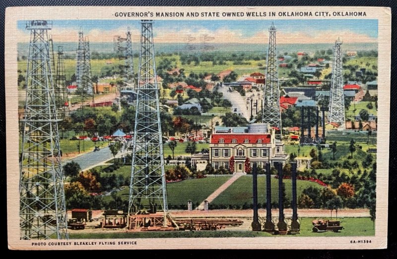 Vintage Postcard 1936 Governor's Mansion & State Oil Wells, Oklahoma City, OK