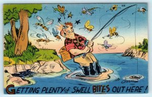 FISHING COMIC Plenty of Swell Bites  MOSQUITOS Artist Chelmow 1946 Postcard