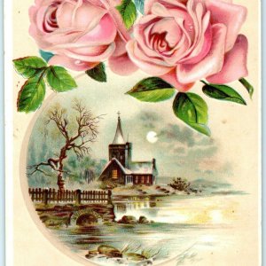 1880s-1900s Winter Church Large Victorian Trade Card Stock Embossed Rose Vtg C40