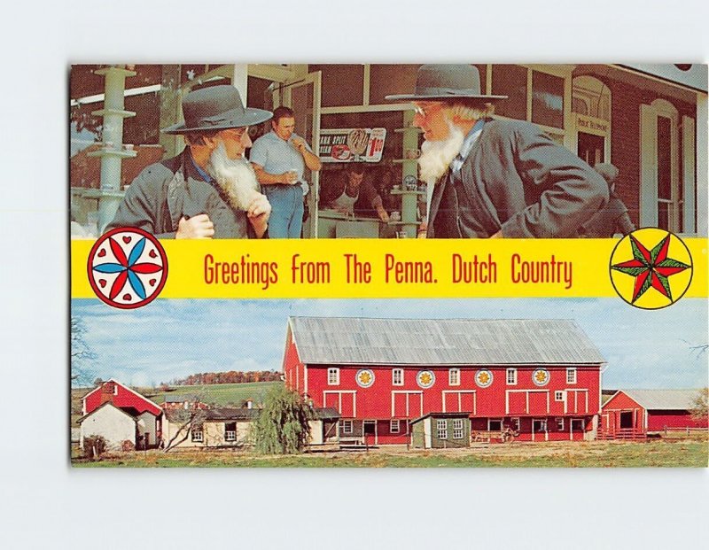 Postcard Greetings from The Penna. Dutch Country Barn & Amish Gentlemen