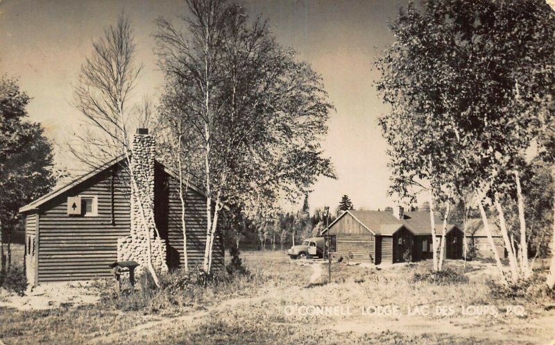 LAC DES LOUPS QUEBEC CANADA~O'CONNELL LODGE-CABIN STONE FPL~1947 PSTMK POSTCARD