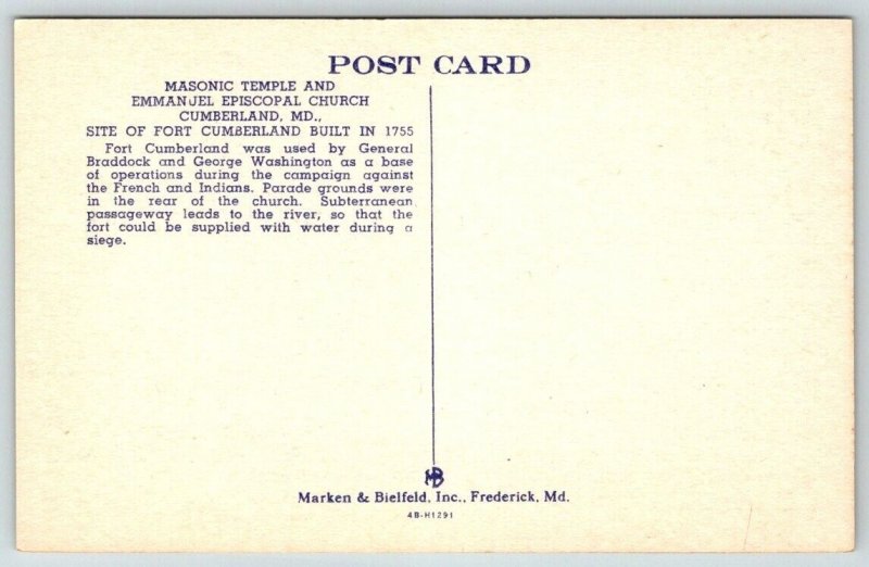 Cumberland  Maryland  Masonic Temple  Postcard
