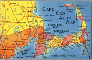 Cape Cod Auto Map Nantucket Barnstable Buzzards Bay c1937 Vintage Postcard R12