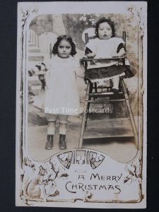 Christmas Greeting LITTLE GIRL & BABY IN HIGH CHAIR Squirrel Art Old RP Postcard